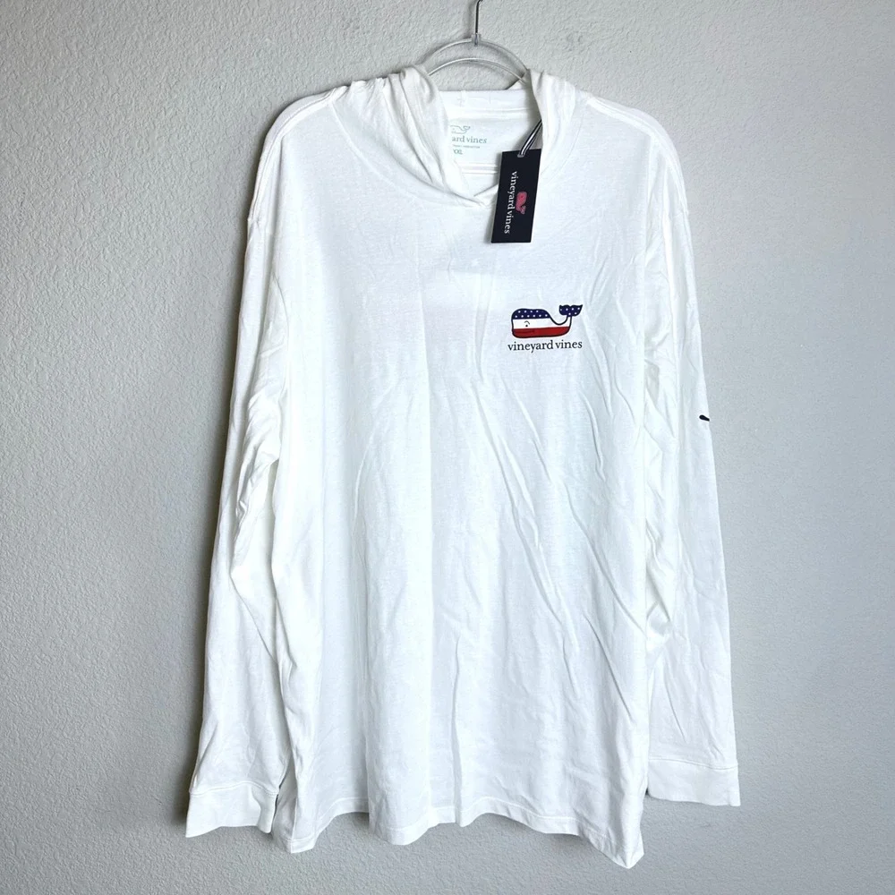 Vineyard Vines Mens XXL White Patriotic American Flag Whale Hoodie T-Shirt NWT